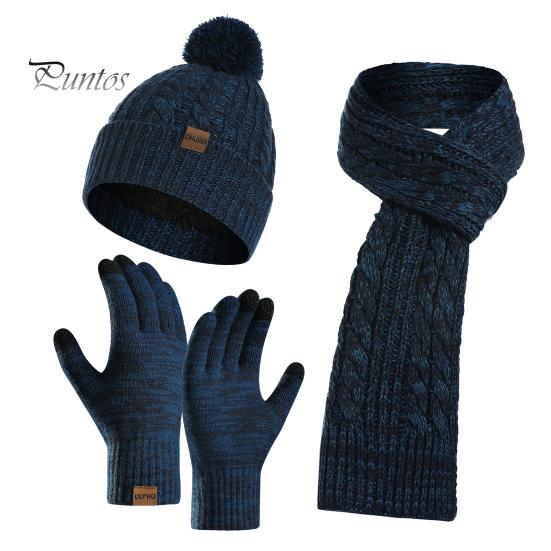 

3 шт. Зимняя теплая вязаная шапка-бини, перчатки для сенсорного экрана, шарф, набор для женщин и мужчин, катание на лыжах, коньках, кемпинге, вождении, спорте на открытом воздухе, подарки озеро синий