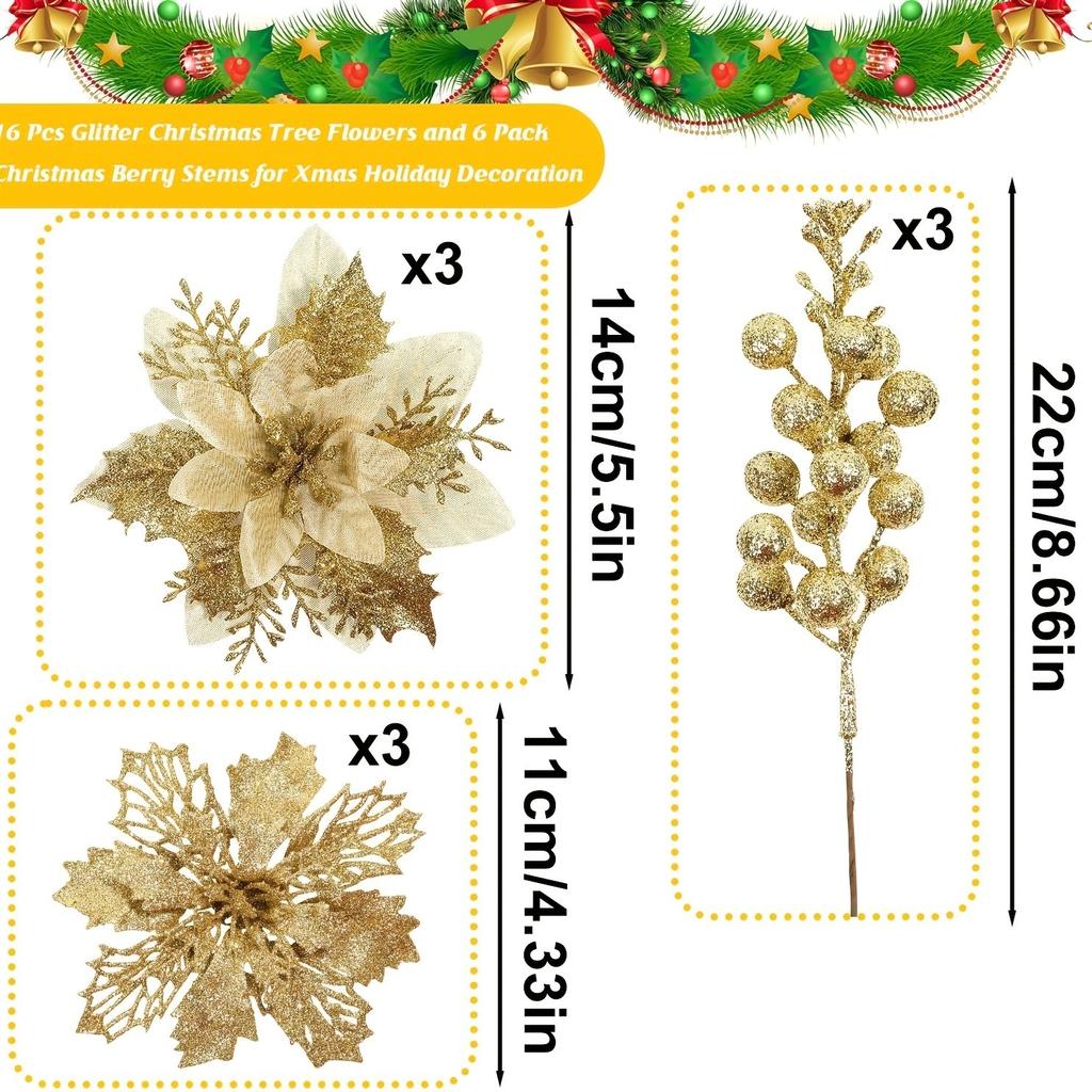 9/18Pcs Glitter Artificial Flowers Berry Bouquet Christmas Decoration Xmas Tree Pendant Ornaments for Home Decor New Year Gifts