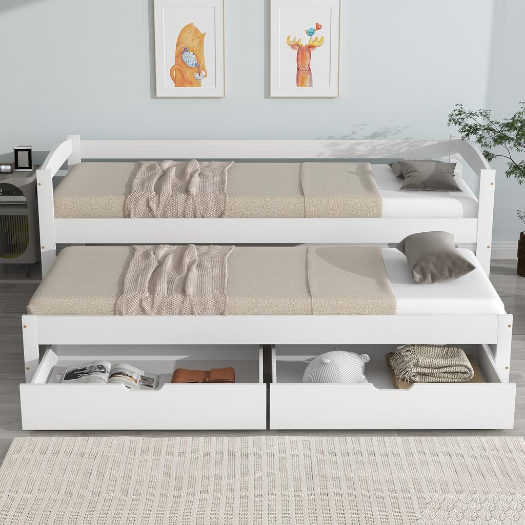 [29596364WAA] Cama de Dia, Cama de Solteiro e Casal, Cama Auxiliar com Rodízios por Baixo, com 2 Gavetas de MDF, Estrutura de Madeira Maciça, Branco (200x90cm/190x90cm)