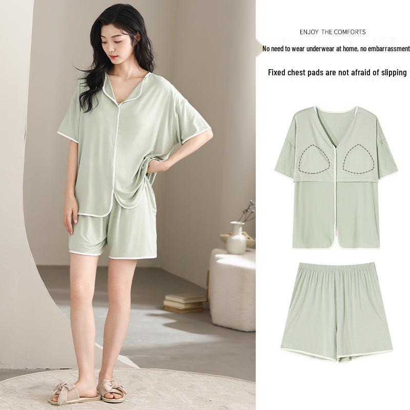Pijama de Modal Refrigerante para Mujer con Sujetador Incorporado, Manga Corta, Amigable con la Piel, Color Sólido, Adecuado para Usar al Aire Libre