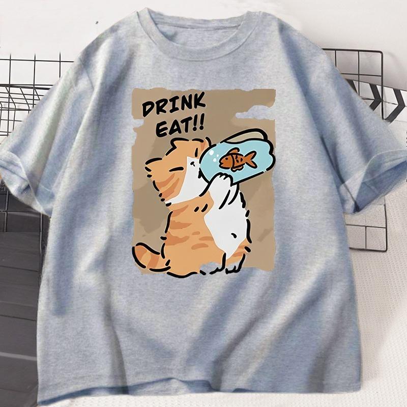 Funny Cat Eat Fish Tshirt Trend Printed Cotton Round Neck Tshirt Unisex and WOMEN with The Same Loose Casual Short Sleeve Tees