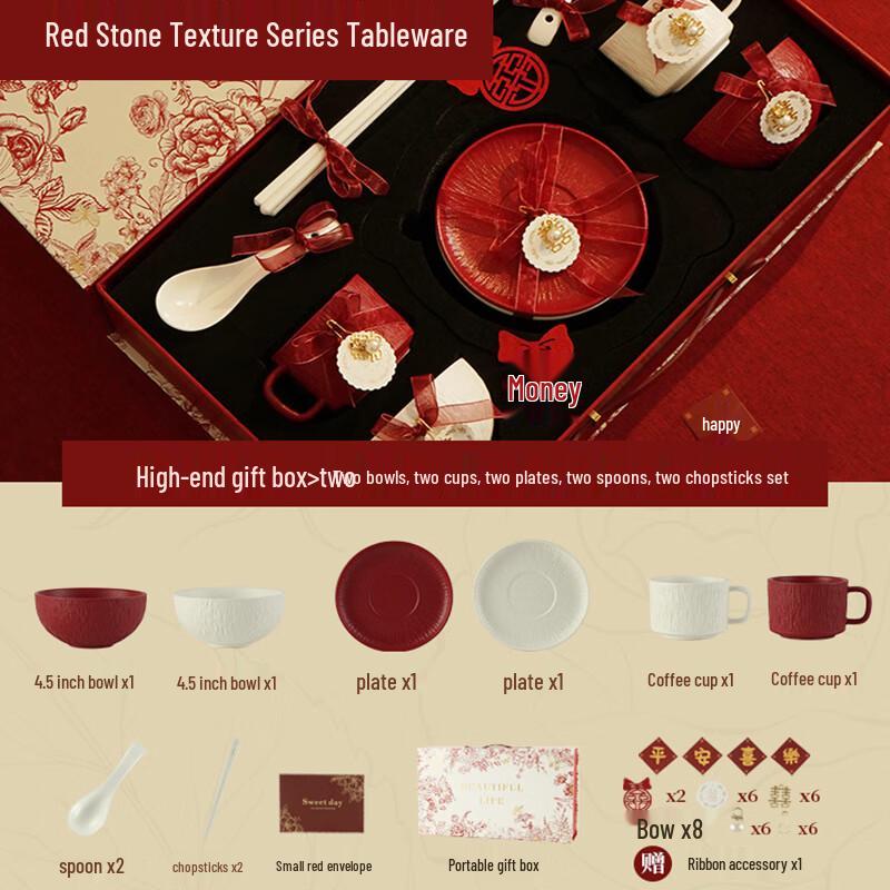 Festive Red Stone Grain Ceramic Dinnerware Set