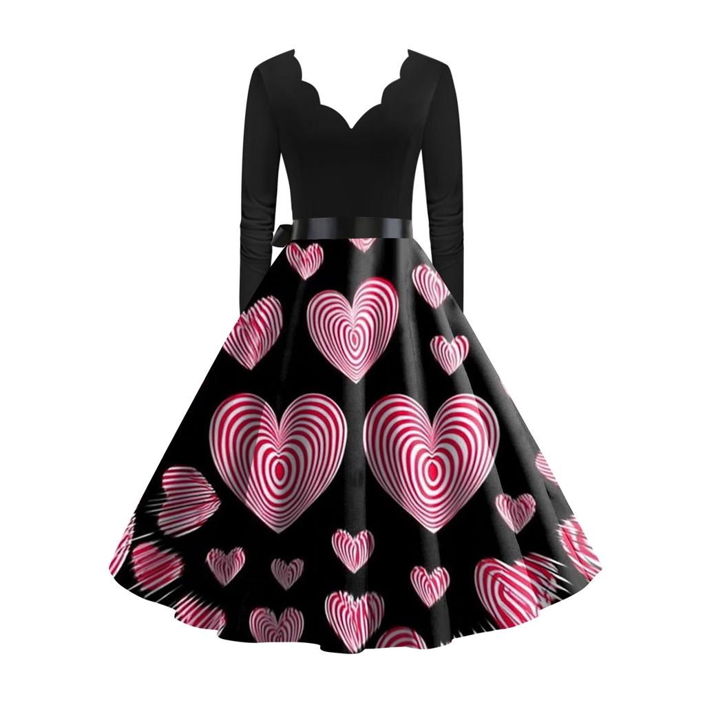 Damska stylowa i elegancka sukienka z długim rękawem, dekoltem w serek w kształcie serca na Walentynki