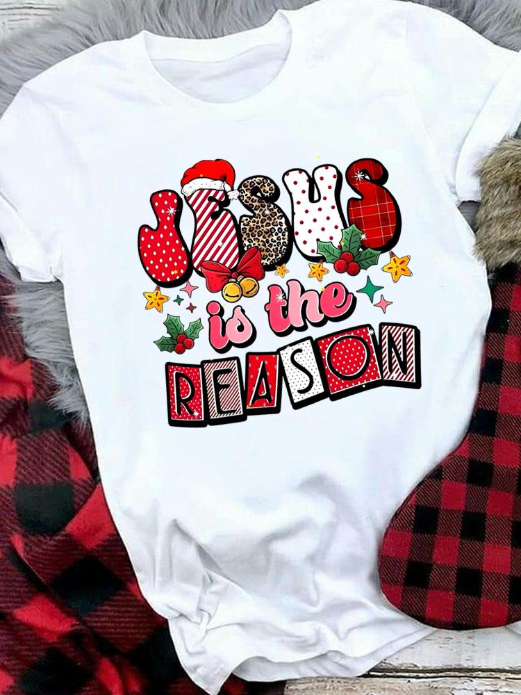 (Asian Size) Tree Lovely Letter Style Women Holiday Print Tee Top Festival Merry Christmas New Year Casual  Lady Short Sleeve Fashion Graphic T-shirts