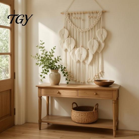 Textured Wall Art for Bedroom Hanging Tapestry, Boho Leaf Decor, Large Tapestry with Wood Beads, Handmade Soft Natural Woven Art, Farmhouse