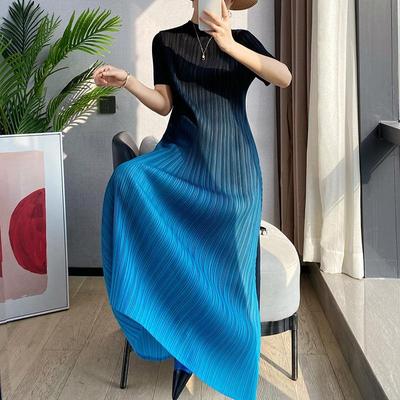 Pleated Women's Dress Summer Loose Large Size Printing Gradient Color Shor Sleeved Mid-length Skirt Women Dress