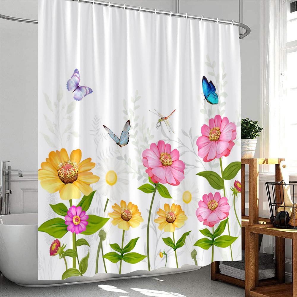Butterfly Floral Shower Curtain Rose Flowers Plant Botanical Bathroom Decor Elegant Polyester Fabric Bath Curtain with Hook