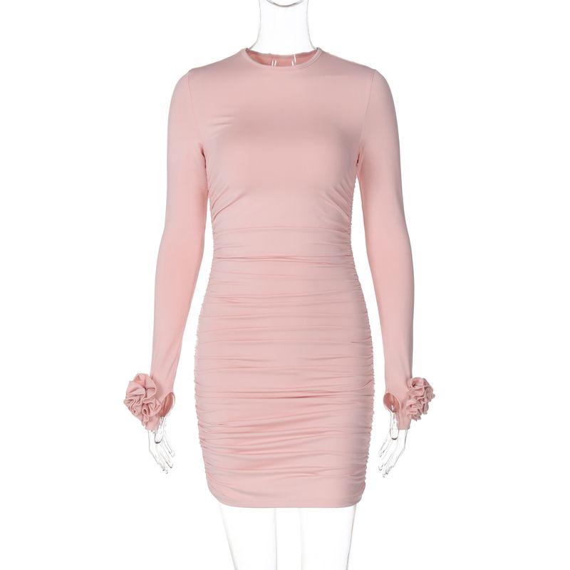 

Fashion Ins Style Autumn Crew Neck Long Sleeves Decorative Flower Dress Women s Stretch Pleated High Waist Silm Slim Looking Bodycon Dress Pink M