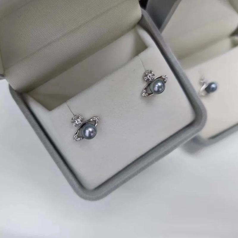 Akoya Saltwater Madama Pearl Stud Earrings, Saturn Empress Dowager Style, Silver Blue Undyed Pearl Jewelry