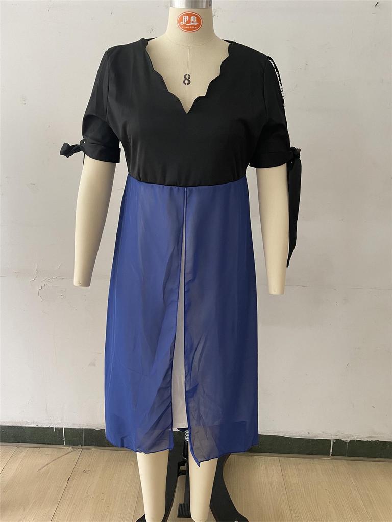2025 Spring/Summer Women's Plus Size V-Neck Patchwork Short Sleeve Two-Piece Irregular Dress
