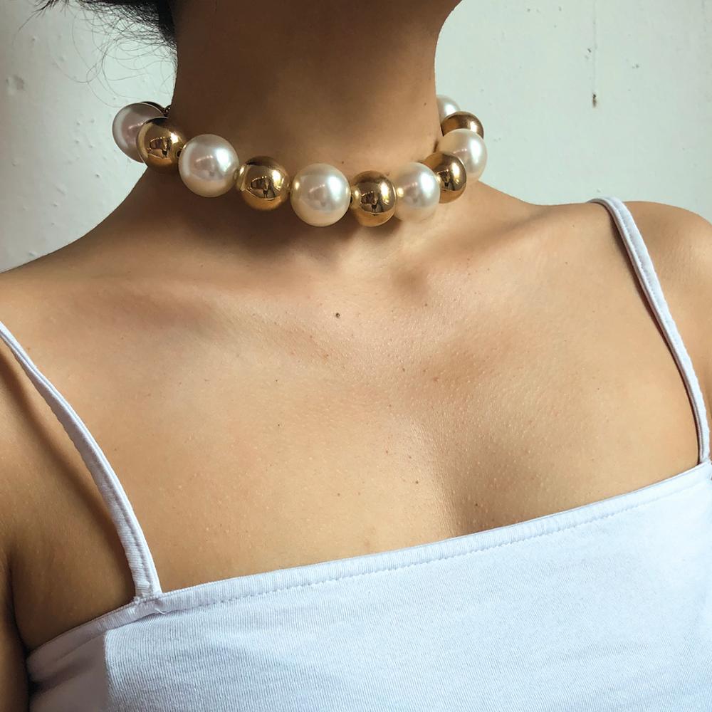Punk Exaggerated Large Gold Beads Retro Imitation Pearl Beaded Clavicle Chain Short Necklace Women's Jewelry
