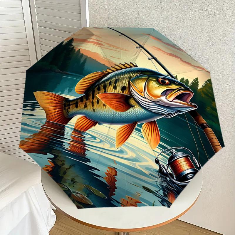 1PC Fishing Rod Lake Automatic Open/Close Umbrella with Windproof, 8-Rib Sturdy Canopy, Durable Ribs, Fashionable Design, Outdoor Accessory, Fun Prin,