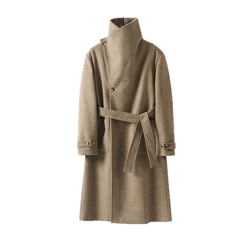 Men's Asymmetrical Long Cashmere Coat with Stand Collar and Belt - Plus Size, Loose Fit Outerwear for Autumn and Winter.