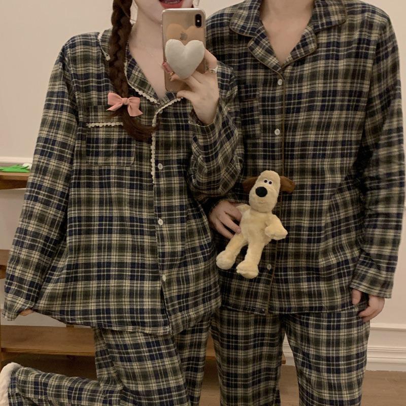 Japanese & Korean Style Couple's Plaid Lace Long-Sleeve Pajama Set
