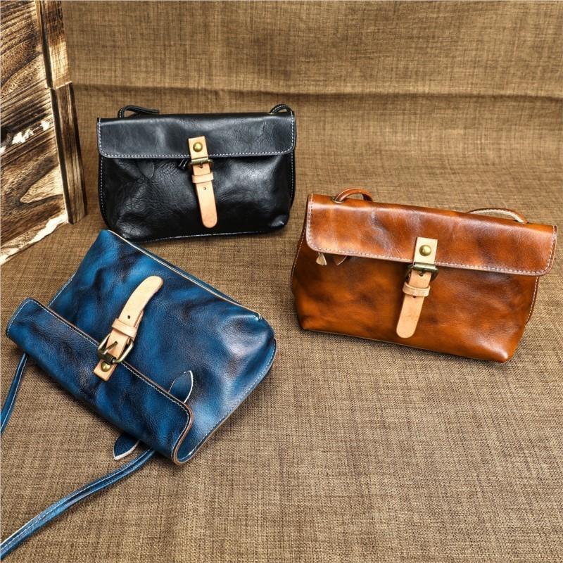 Johnature Echte Leder Damen Tasche Retro Handgemacht Weiches Rindsleder Mini Vielseitig Schulter Crossbody Tasche