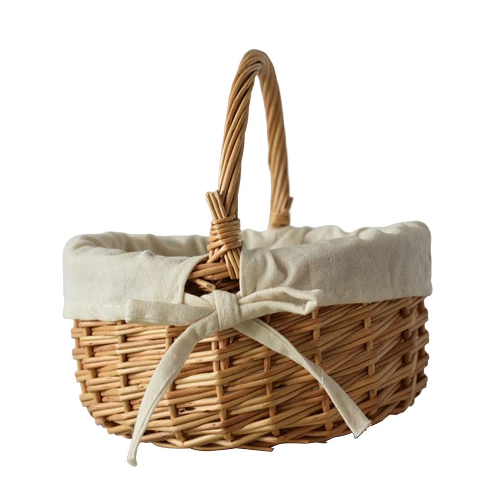 Portable Woven Rattan Basket Flower Basket Gift Basket with Handles and Cloth Lining Fruit Vegetable Bread Sundries Storage Bask