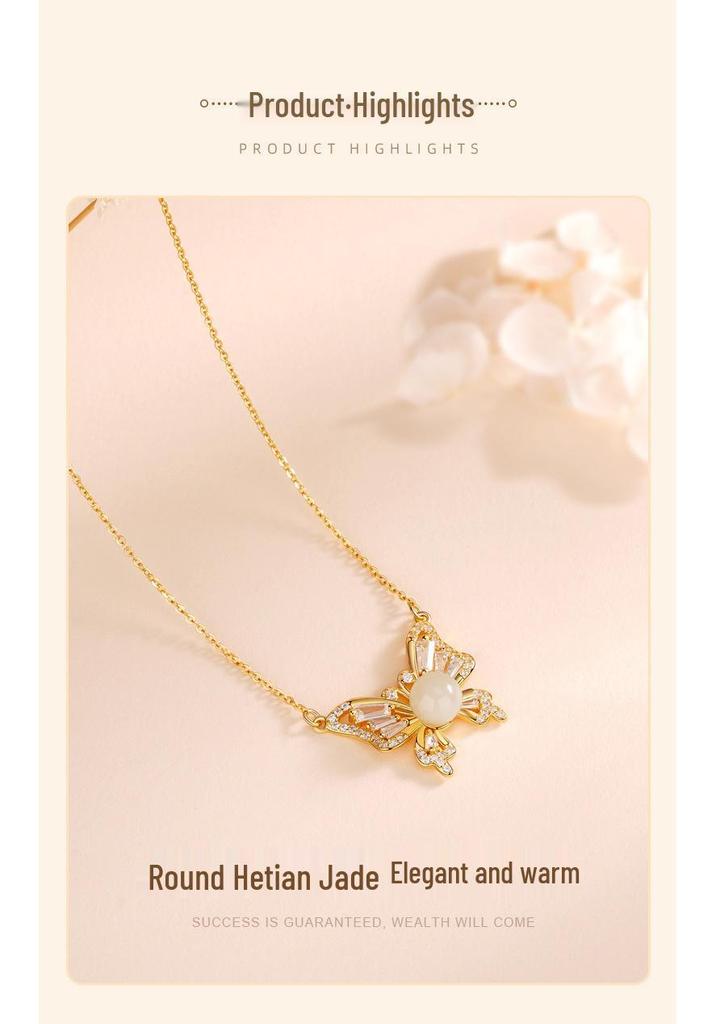 Butterfly Dance Necklace: S925 Sterling Silver, Light Luxury, Fashion Hetian Jade Butterfly on a Delicate Collarbone Chain for Women.