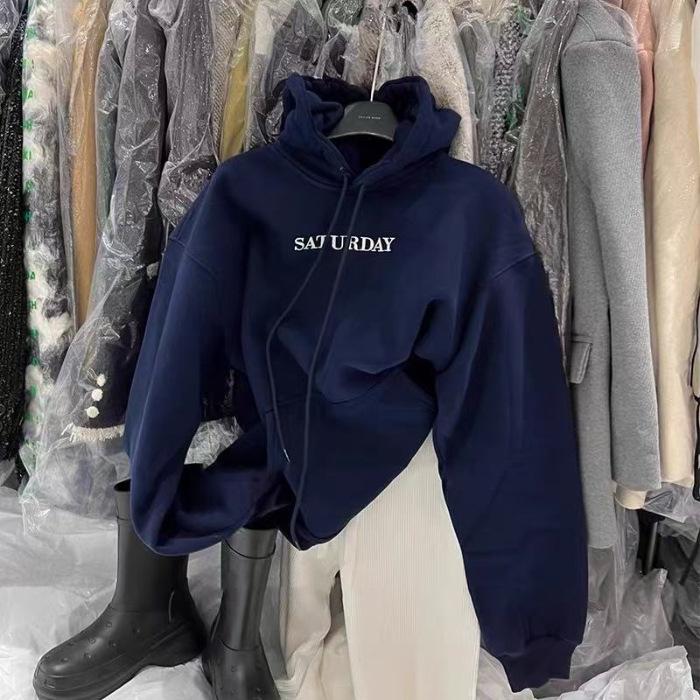 Winter New Style Casual Trendy Letter Print Loose and Versatile Fleece Hooded Pullover Women's Shirt