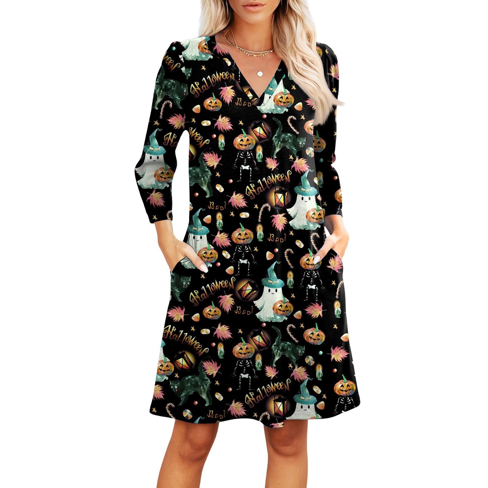 

Женское модное платье с V-образным вырезом, повседневное пляжное платье с рукавами три четверти, платье с принтом на Хэллоуин S тёмно-синий