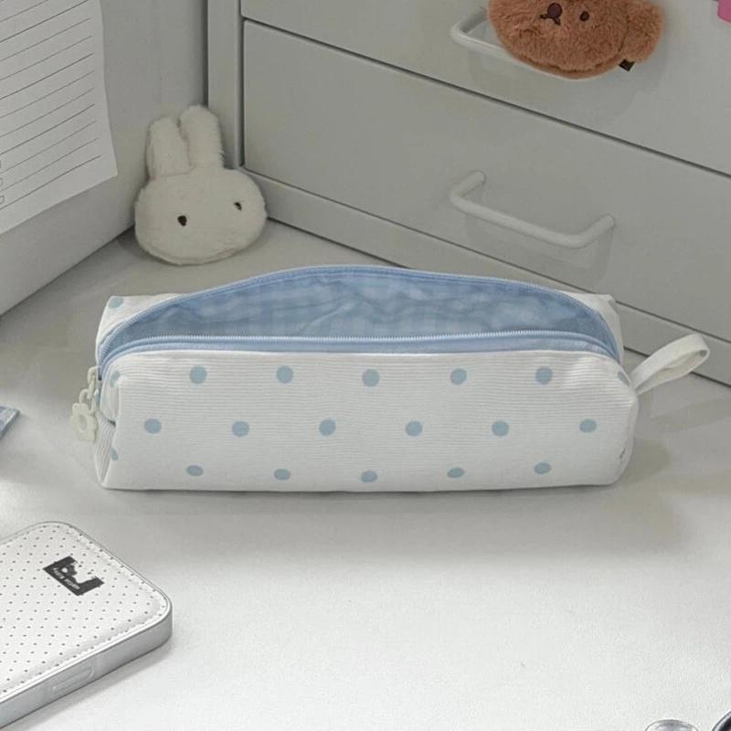 Koreanisches Creme-Farb-Federmäppchen Multifunktionale Gepunktete Stifttasche Große Kapazität Schreibwaren-Organizer Geschenk für den Schulanfang