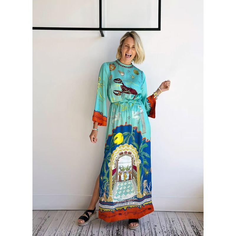 

Printed Lace up Dress Fashion Style New Fashion Casual Beach Dress Loose Print Dress Blue S