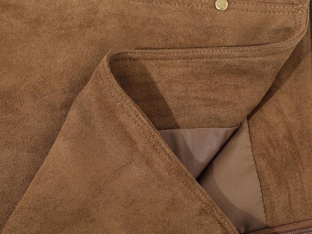 Melard Women's Brown Suede Petite A-line Skirt, Plus Size, Spring & Autumn Hip-Hugging Short Skirt