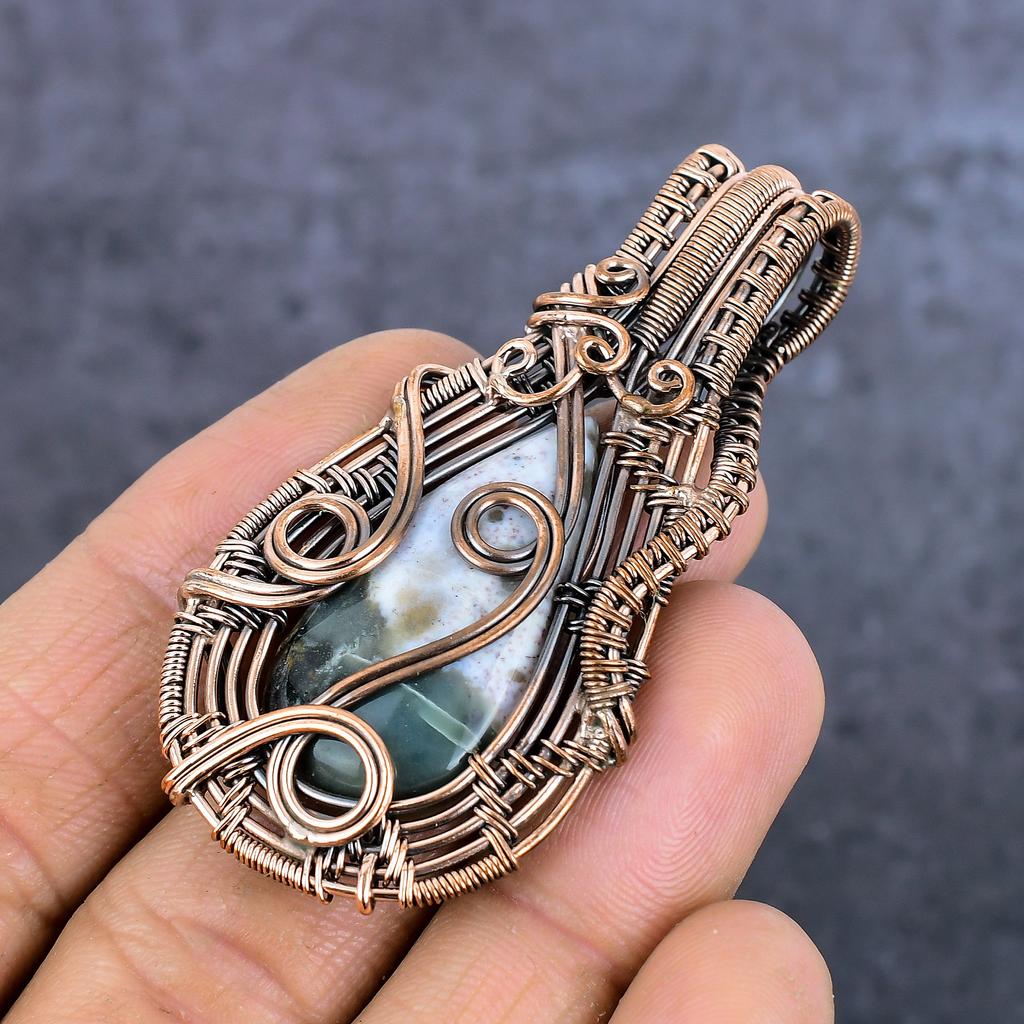 Natural Moss Agate Gemstone Handmade Copper Eire Wrap Jewelry Pendant 2.64" H2i65