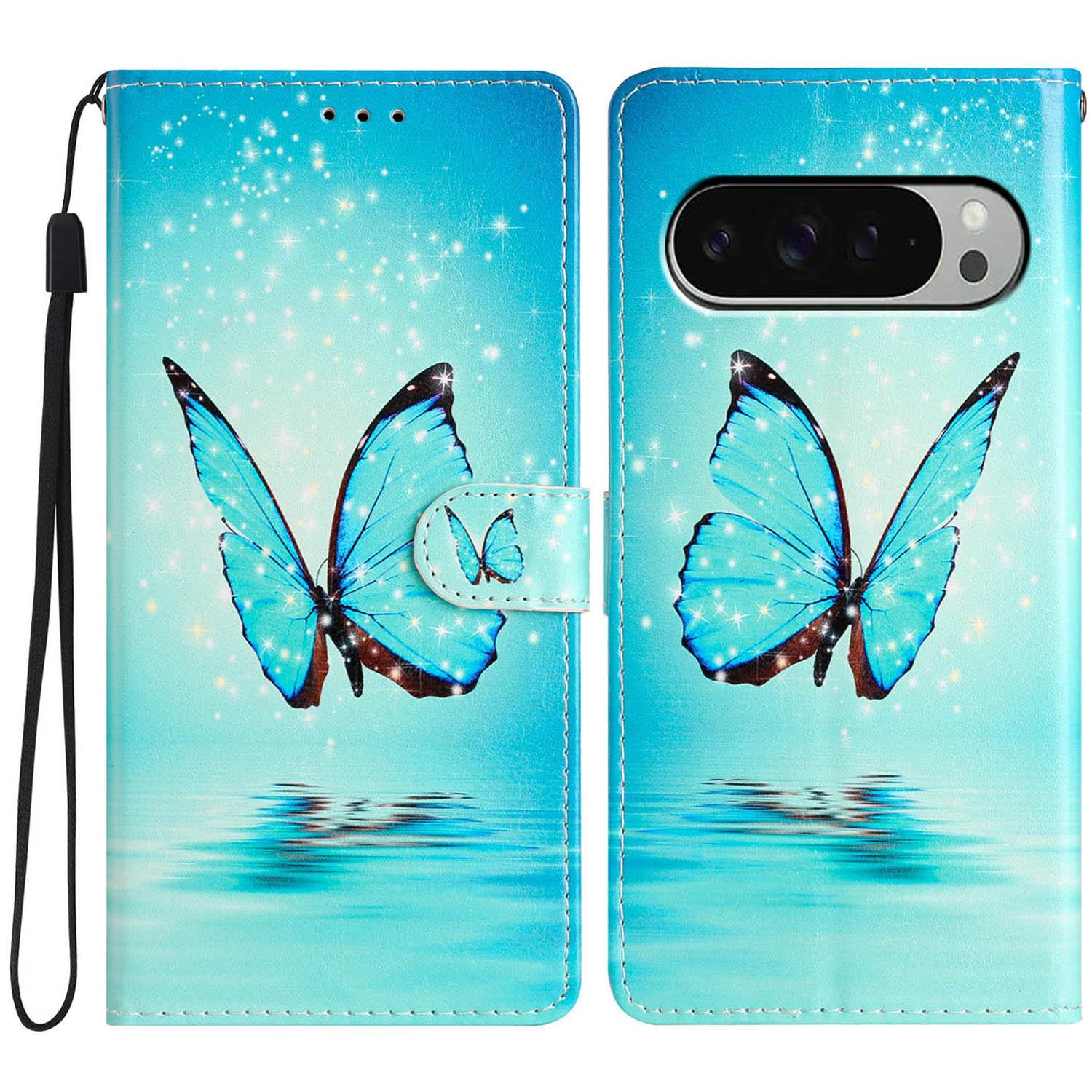 

For Google Pixel 9/9 Pro Wallet Case PU Leather Pattern Printing Stand Phone Cover with Strap Blue Butterfly