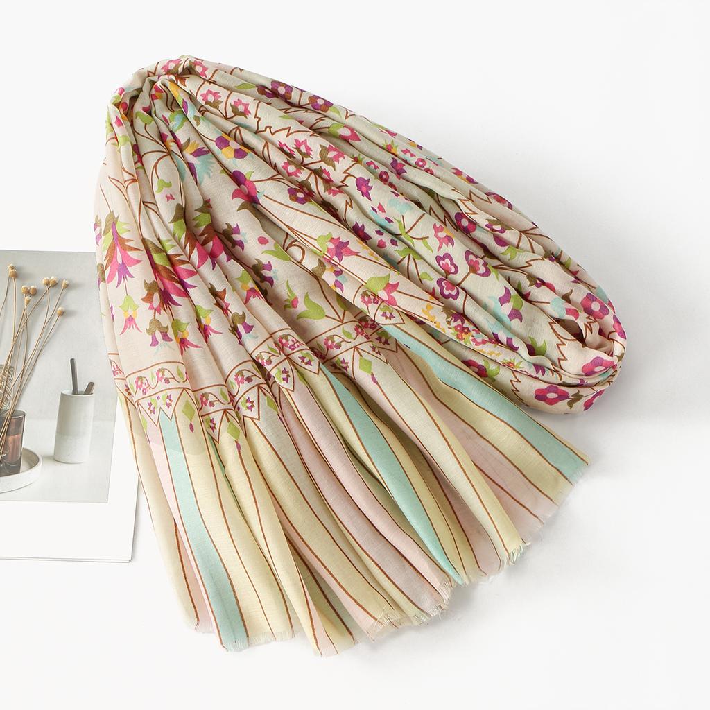 Fashion Floral Printed Scarf Fringe Shawl Woman Muslim Hijabs Cotton Viscose Headband Summer Beach Stoles Islam Turban