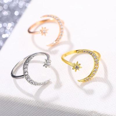 Anello Retro Mezzaluna Stella Anello Luna Aperto Oro Bianco Lucido Anello Geometrico di Tendenza Semplice Anello Gioielli Popolari da Donna