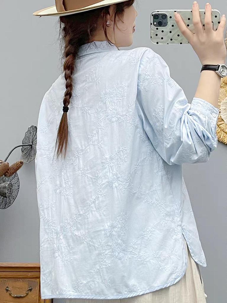 2026 Women's Spring Long Sleeve Jacquard Embroidery Pure Cotton Gauze Shirt - Casual, Versatile, Retro