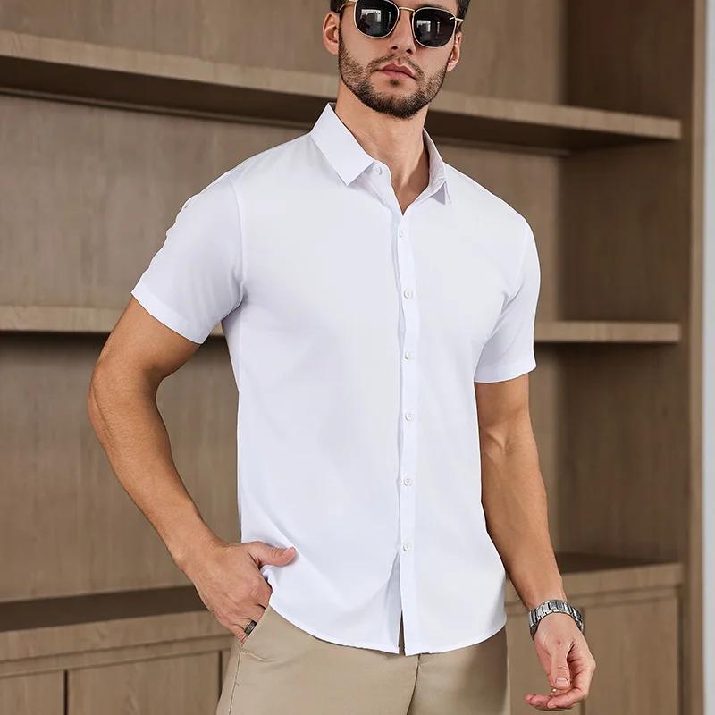Men's Business Casual Solid Color Short Sleeved Shirt for Summer Fashion No Ironing Comfortable and Versatile Top