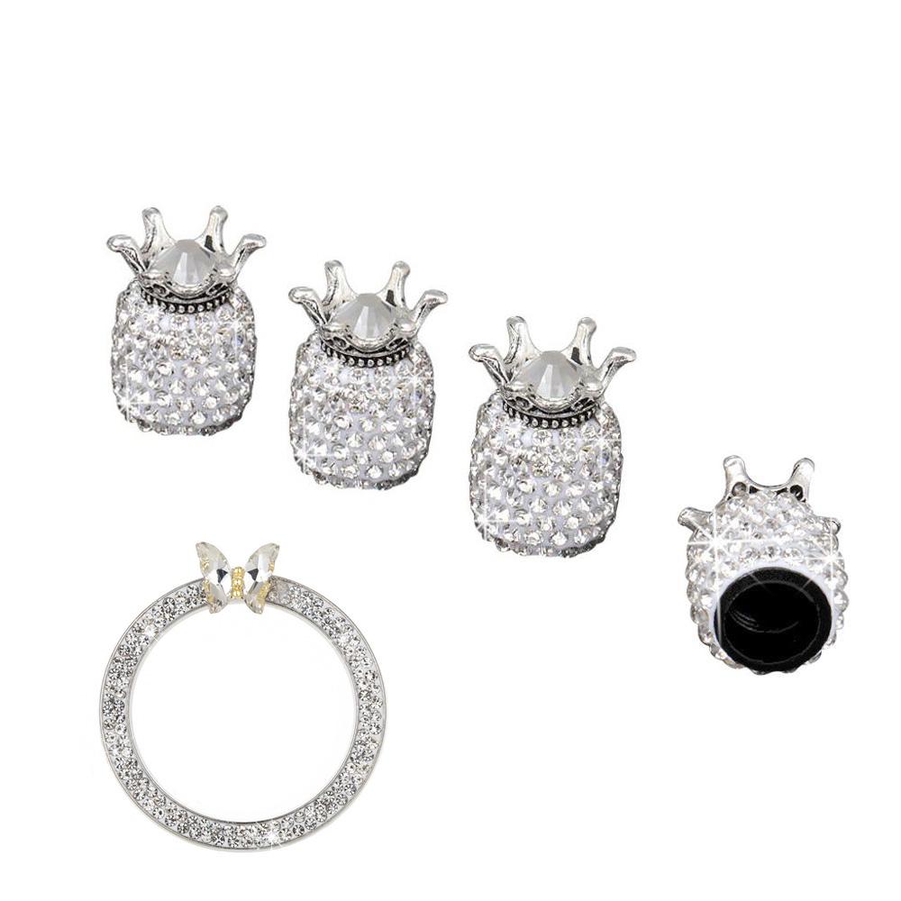 5PCS Bling Car Tire Valve Cap Clay ABS Diamond Crown Auto Wheel Caps And Rhinestone One Click Start Button Engine Decoration