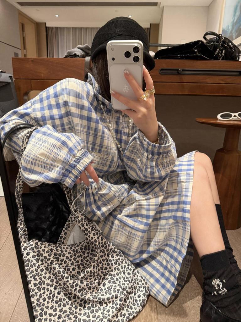 Women's Blue & White Plaid Drawstring Jacket & Pleated Skirt Two-Piece Set for Early Spring