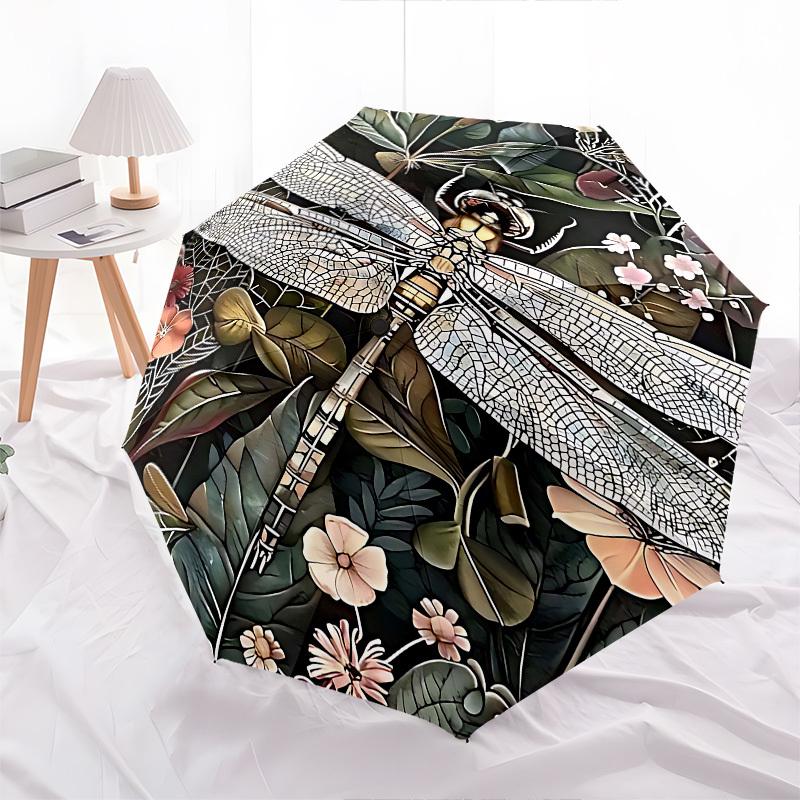 1pc Dragonfly Flowers umbrella with 8 iron ribs and a plastic handle, automatic opening and closing, and daily use.1044