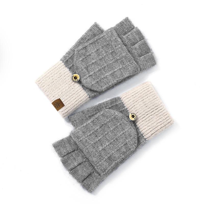 Half Finger Flip Gloves Knitted Winter Ladies Cute Fleece Outdoor Cold Warm Office Student Finger Gloves