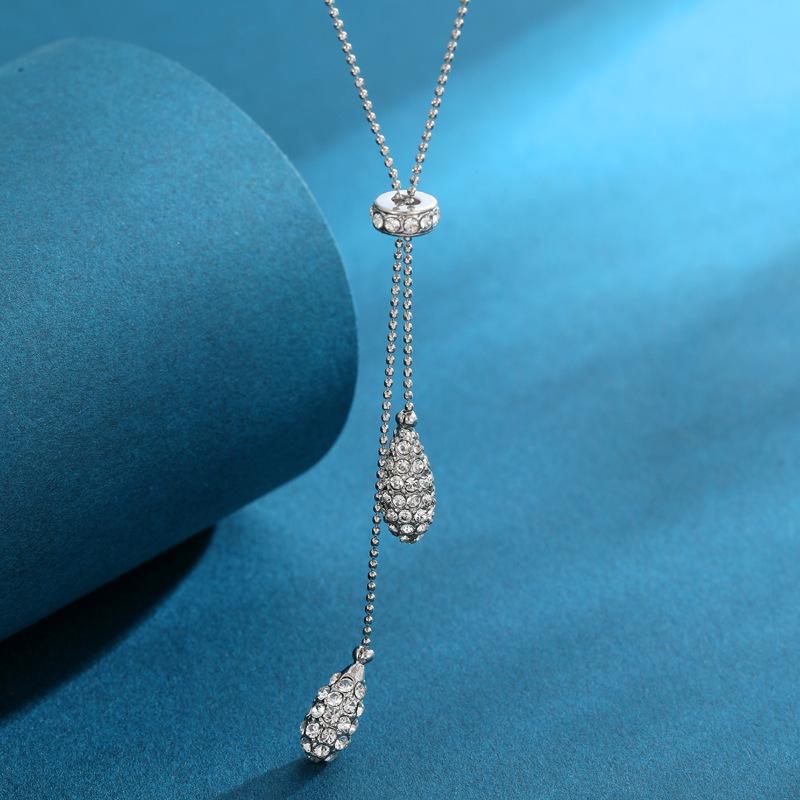 Spring, Summer, Autumn And Winter Versatile Water Drops Full Diamond Drawing Necklace Women S Fashion Personality Design Fringed Chain