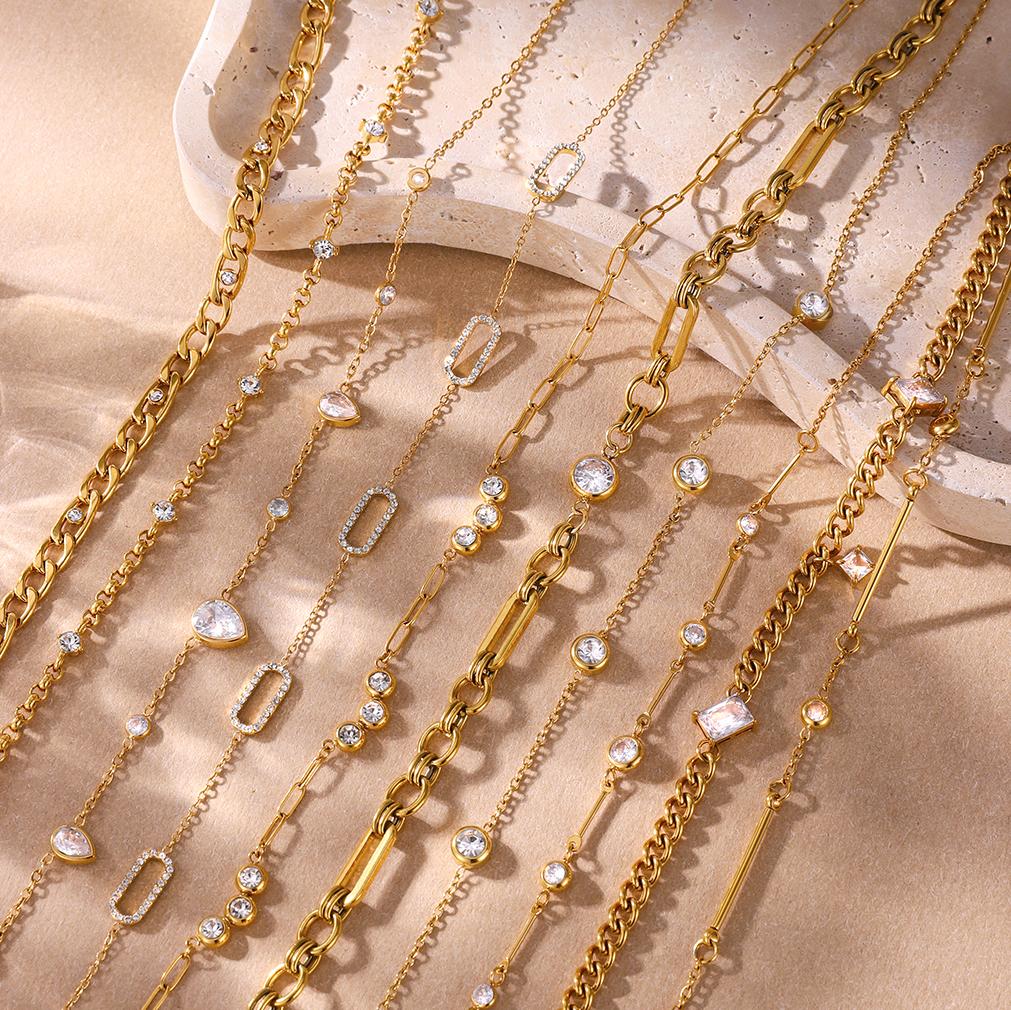 Uworld Classic Gold Color White Zircon Chain Necklace Women 18K Plated Stainless Steel Stackable Texture Necklaces Jewelry