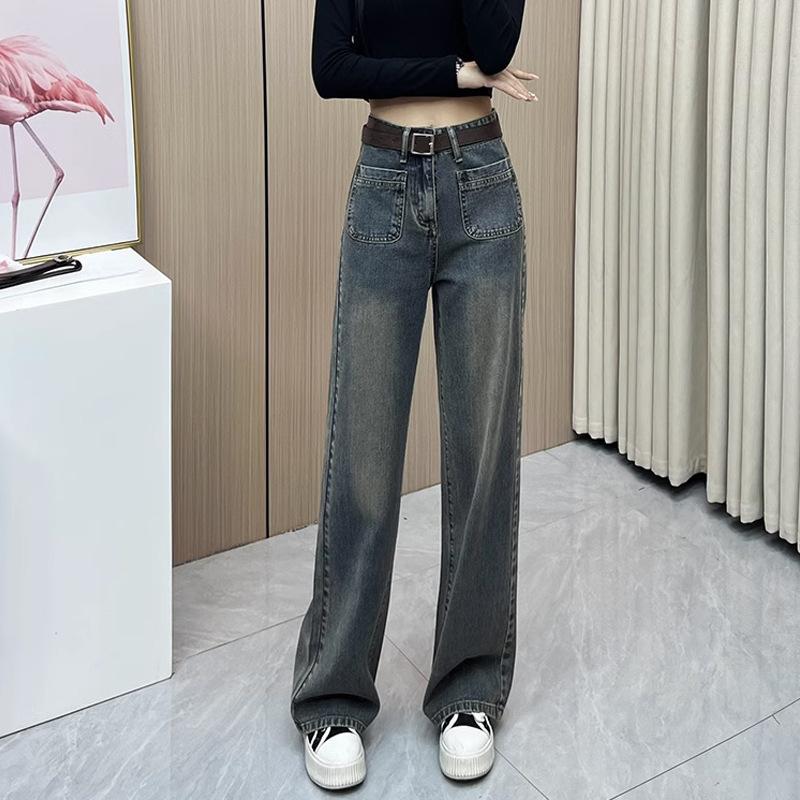 Wide Leg Jeans for Women in Spring and Autumn Loose High Waisted Pocket Design Straight Leg Jeans