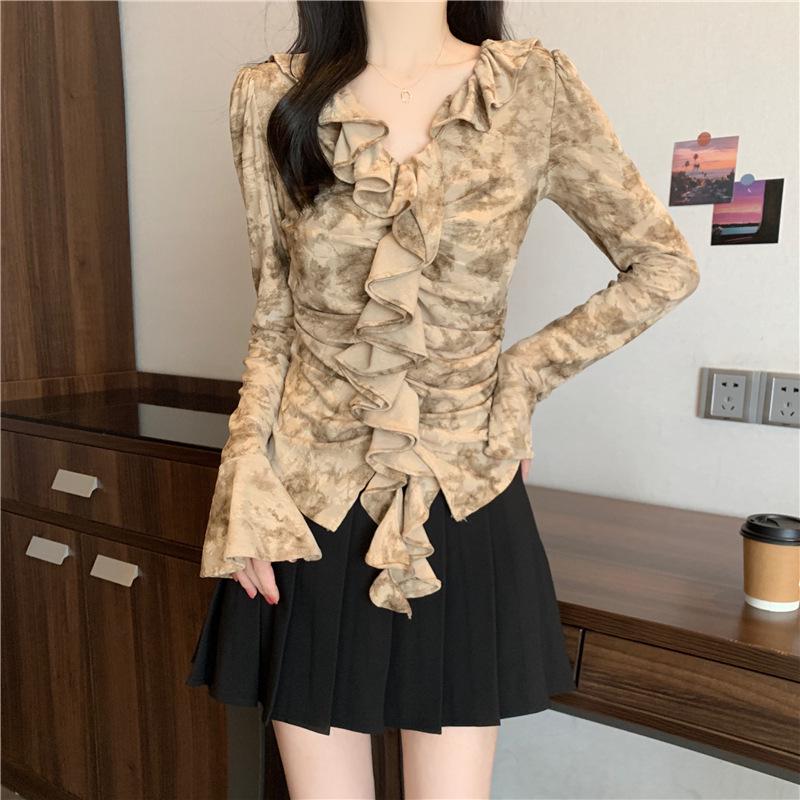 

2024 Осень Большой размер Корейский топ с оборками, V-образным вырезом, облегающий, с длинным рукавом 4XL Plus хаки