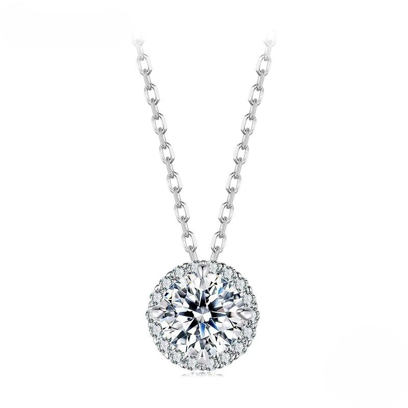 Sterling Silver Round Halo Moissanite Necklace, White Gold Plated Classic Elegant Necklace Engagement Jewellry Gift