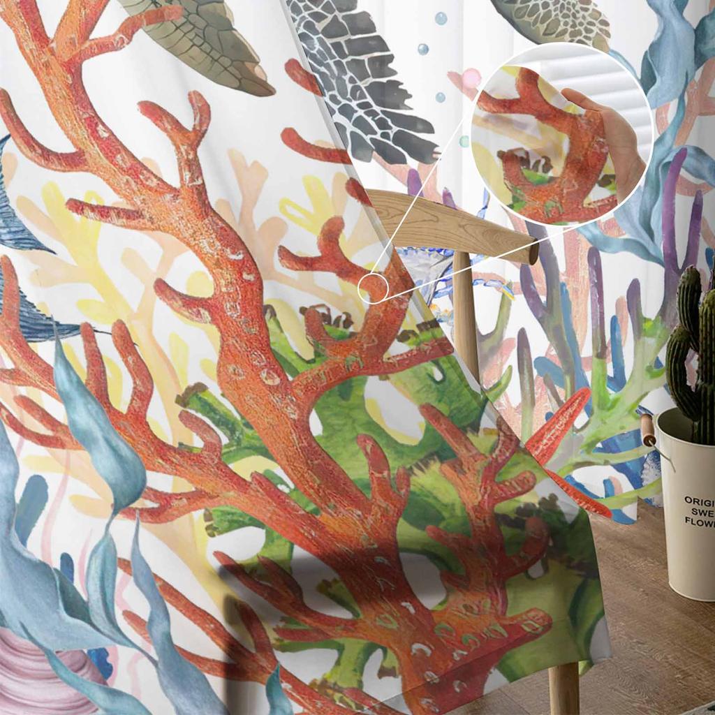Turtle Coral Fish Starfish Crab Tulle Window Curtains for Bedroom Luxury Home Decor Drapes In Living Room Chiffon Panels