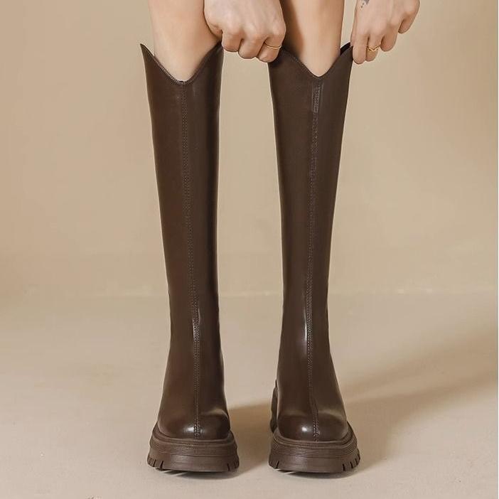 

Модные женские сапоги Сапоги до колена Высокое качество Модные Круглый носок Задняя молния Толстая подошва V-образный вырез Женские сапоги Сапоги рыцаря Ботас Мухер 40 коричневый