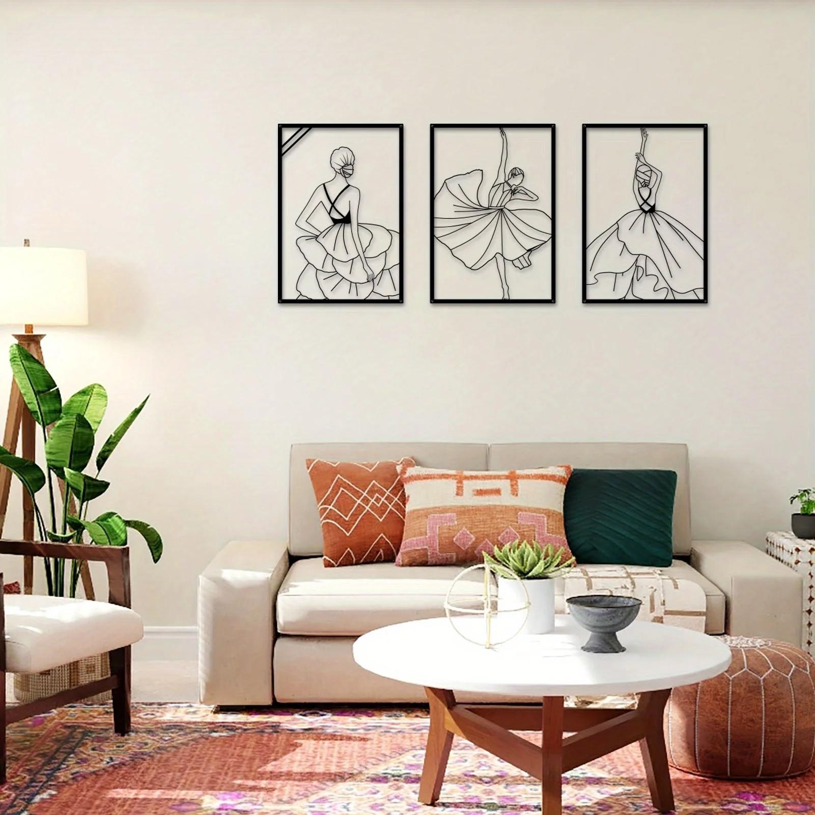 

Современный минималистский декор для стен из металла, 3 части, абстрактный линейный рисунок танцовщицы | Простое и элегантное домашнее искусство для любителей танцев чёрный