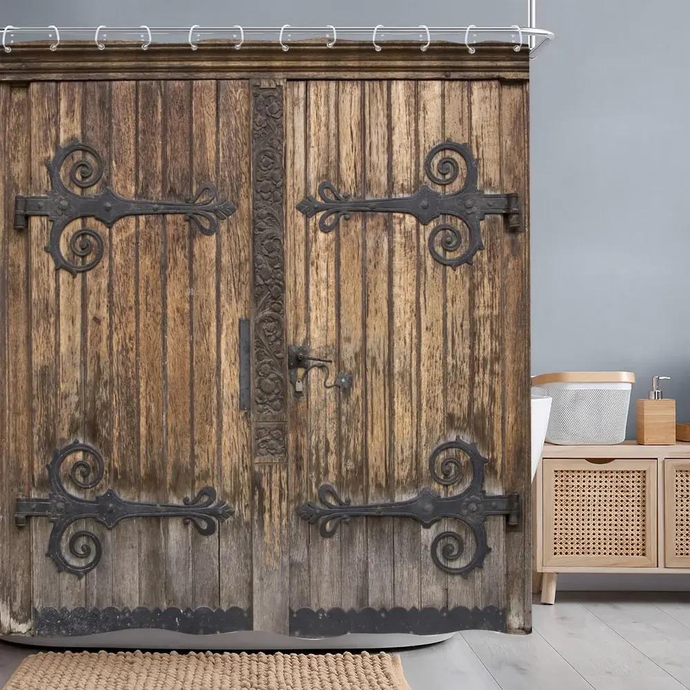 Retro Rustikale Holztüren Duschvorhänge Vintage Bauernhaus Scheune Alte Tür Heimdeko Wasserdichtes Polyester Badezimmer Vorhang Set