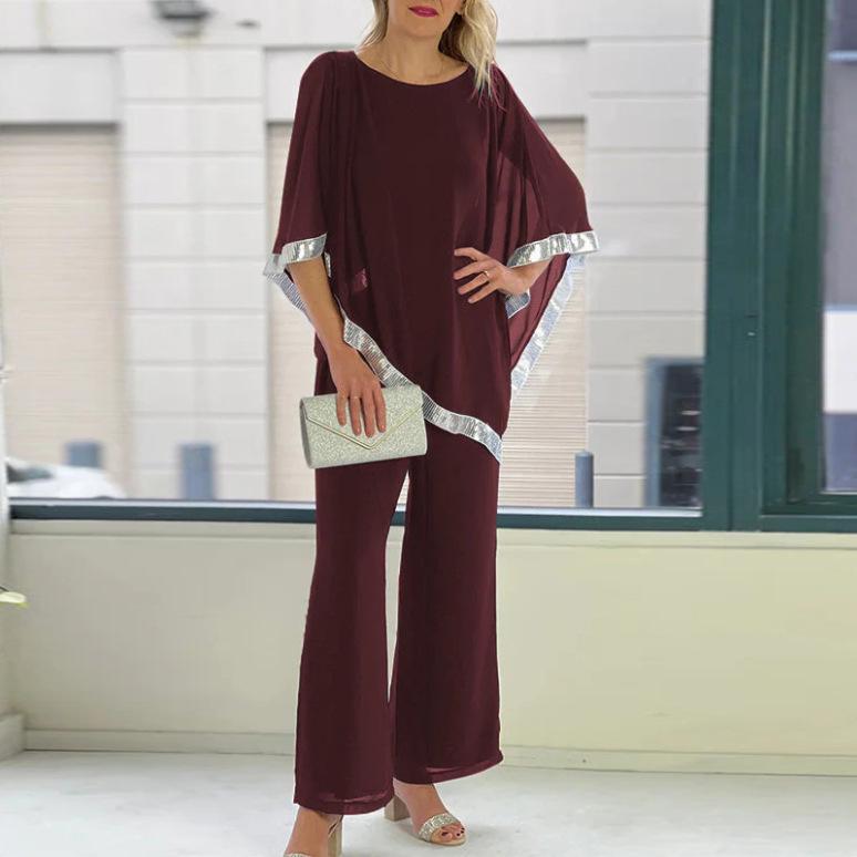 2025 Autumn Sequin Batwing Top & Wide Leg Pants Set - Round Neck, Two-Piece Ensemble