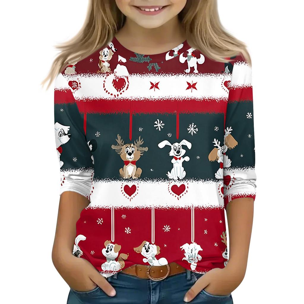 Christmas Children's 3/4 Sleeve Tops Casual  Printed Daily T Shirt Round Neck Pullover Blouse