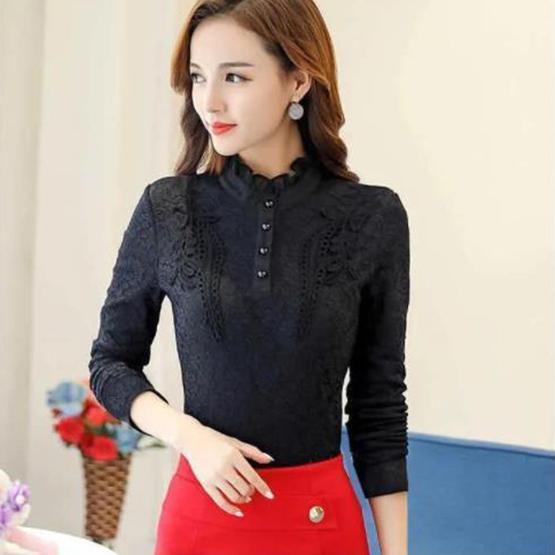Plush Thickened Long Sleeve Lace Shirts Women's Autumn Winter Slim Fit Tops Large Size Warm Blouses