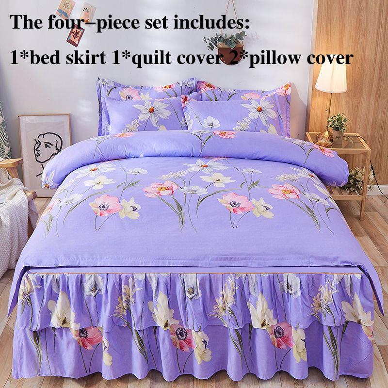 Czteroczęściowe Falbany na Łóżko Narzuty Pokrowce na Łóżko Poszewki na Poduszki Antypoślizgowe Drukowane Prześcieradła Pościel Lekki Luksus