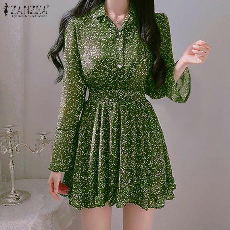 

ZANZEA Весеннее женское повседневное плиссированное короткое платье-рубашка с цветочным принтом и длинными рукавами